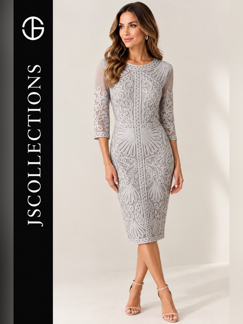 NWT JS Collections Lace-Embroidered Sheath Dress in Gray S